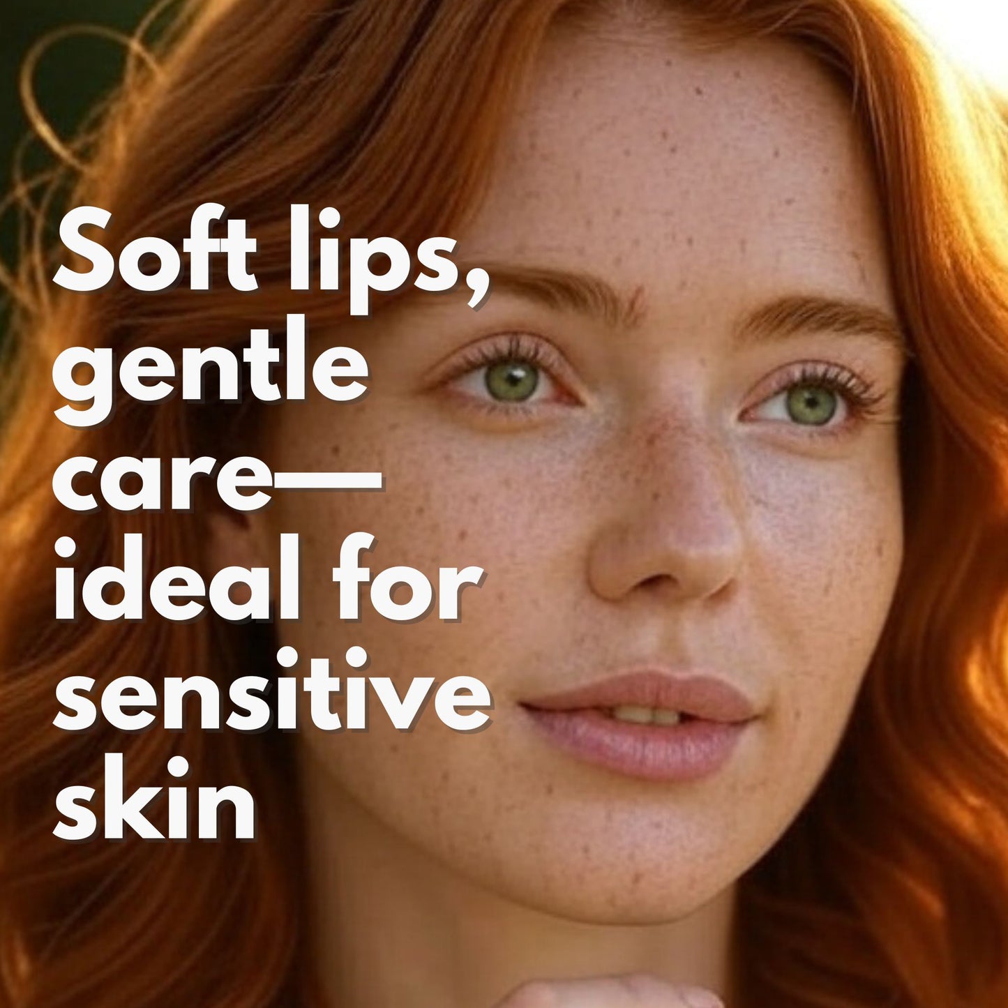 Woman with red hair and green eyes, slogan that says soft lips, gentle care, ideal for sensitive skin.