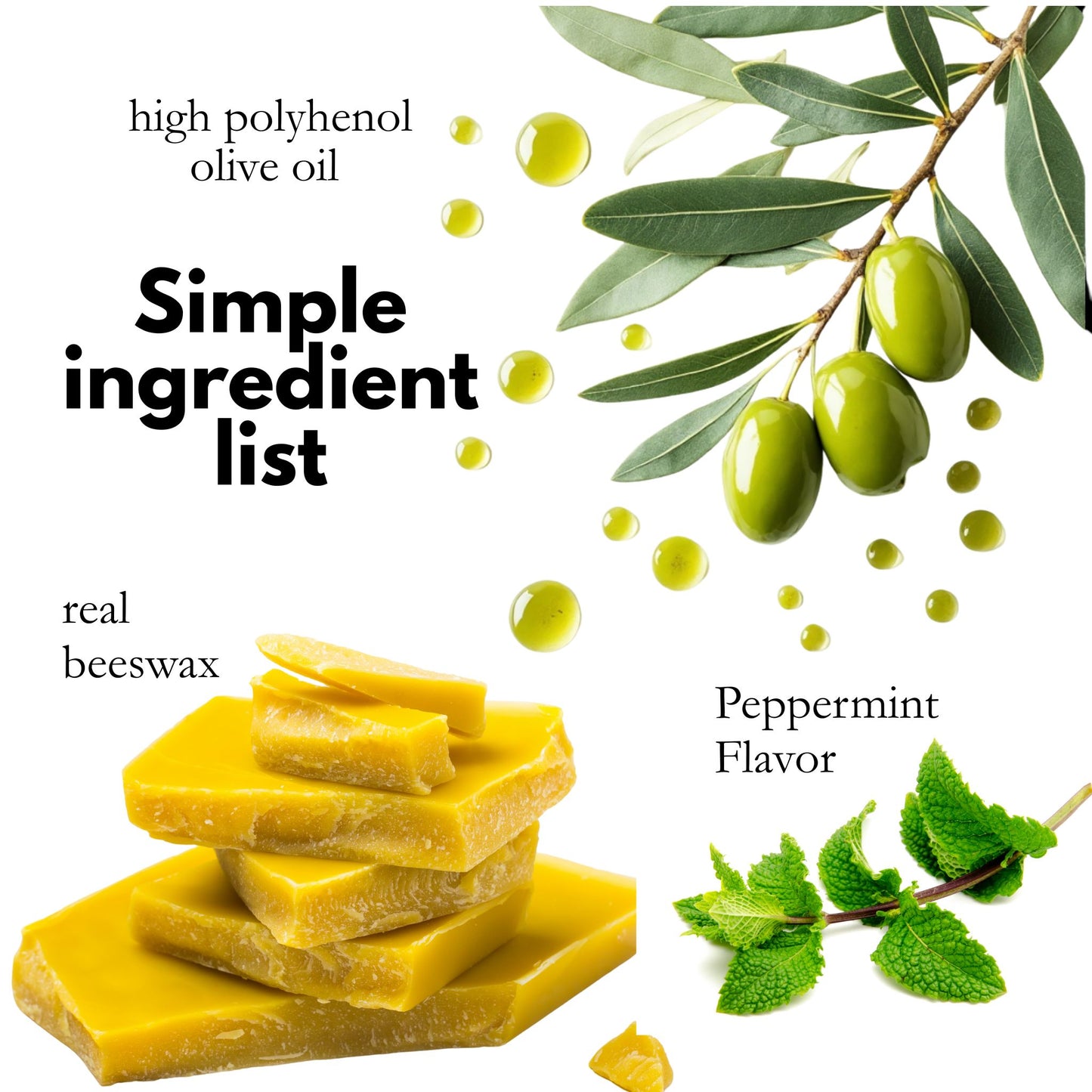 Beeswax bars with olive oil and peppermint leaves on a white background