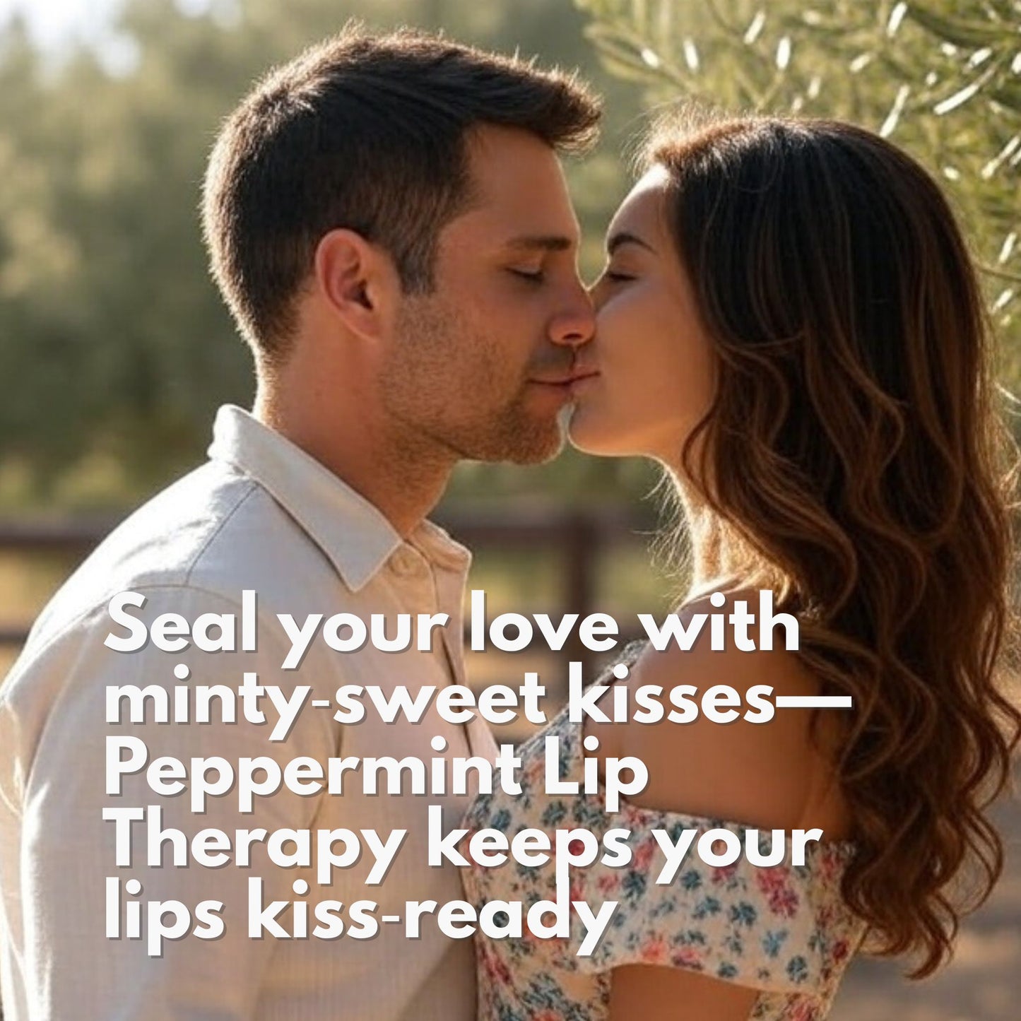 Couple about to kiss with text overlay about peppermint lip therapy.