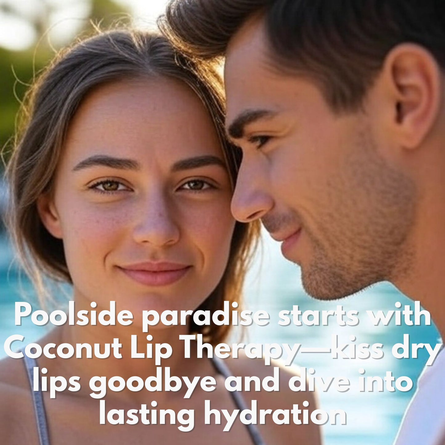 Couple pictured by the pool with a caption poolside paradise starts with coconut lip therapy. kiss dry lips goodbye and dive into lasting hydration.