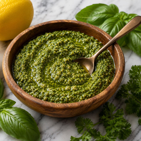 A wooden bowl filled with fresh green pesto sauce, with a spoon resting inside, surrounded by basil leaves, parsley, and a lemon on a marble surface.