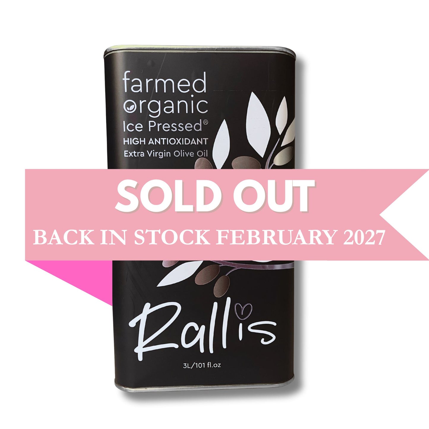 Rallis olive oil bottle with 'SOLD OUT' and 'Back in Stock February 2027' text on a white background