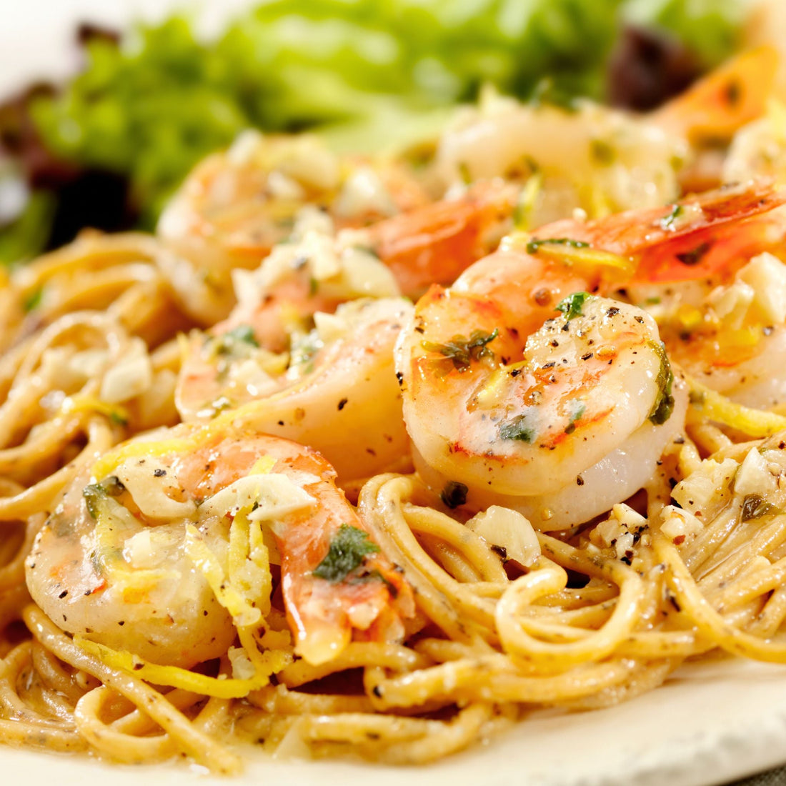 Greek Inspired Spaghetti with Grilled Shrimp