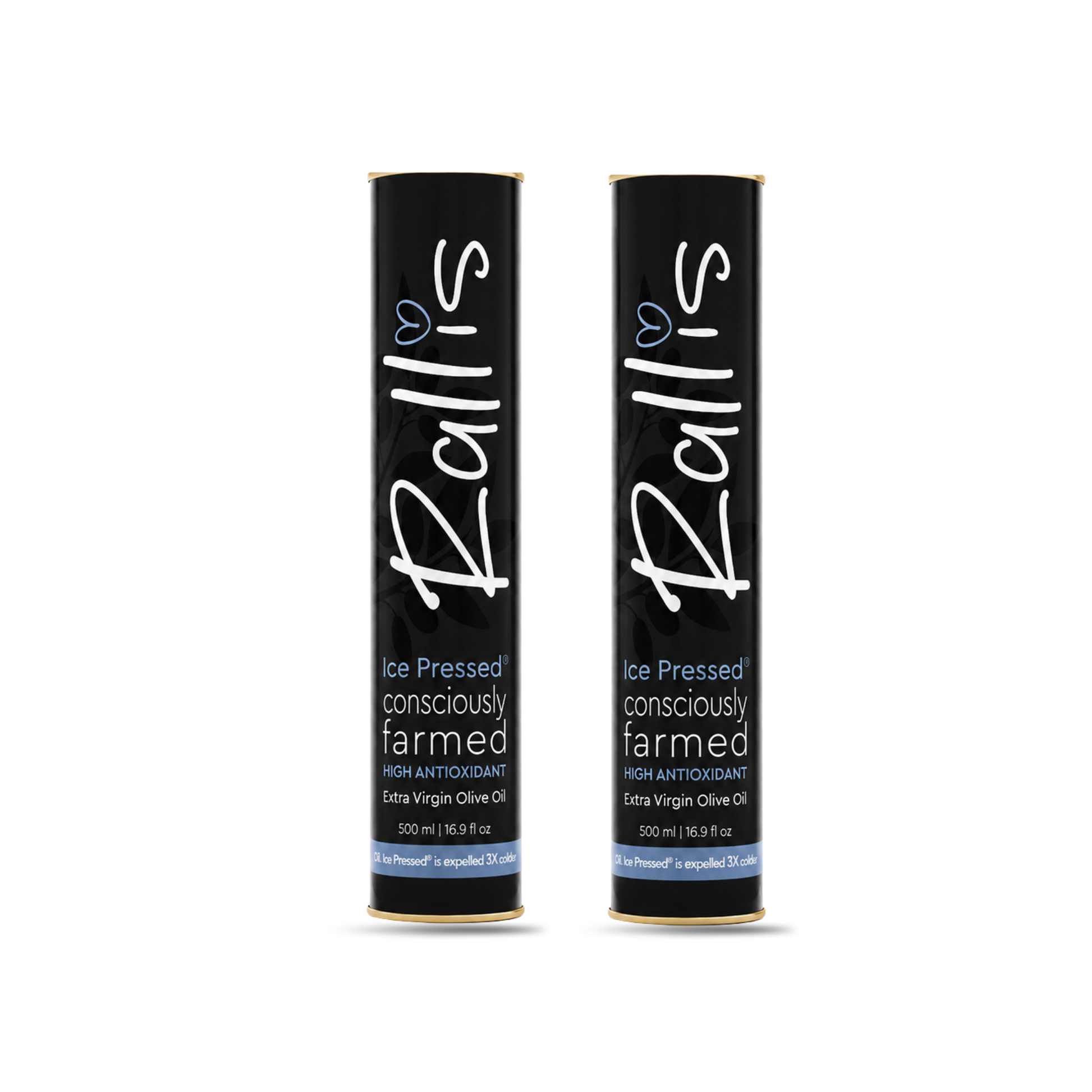 2 tins of Rallis Ice pressed olive oil on a white background. 