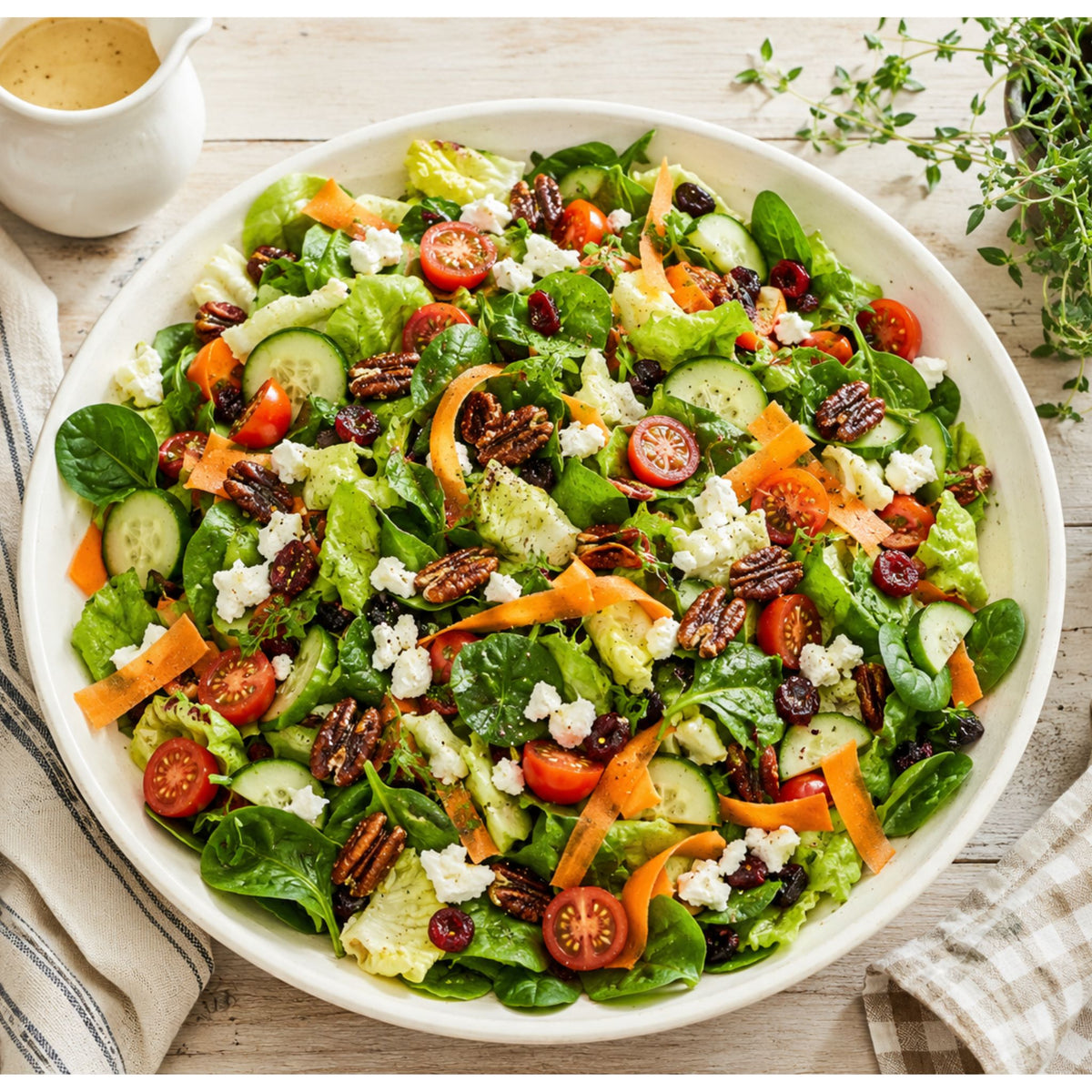 Garden salad in a ceramic bowl on a wooden table. 
