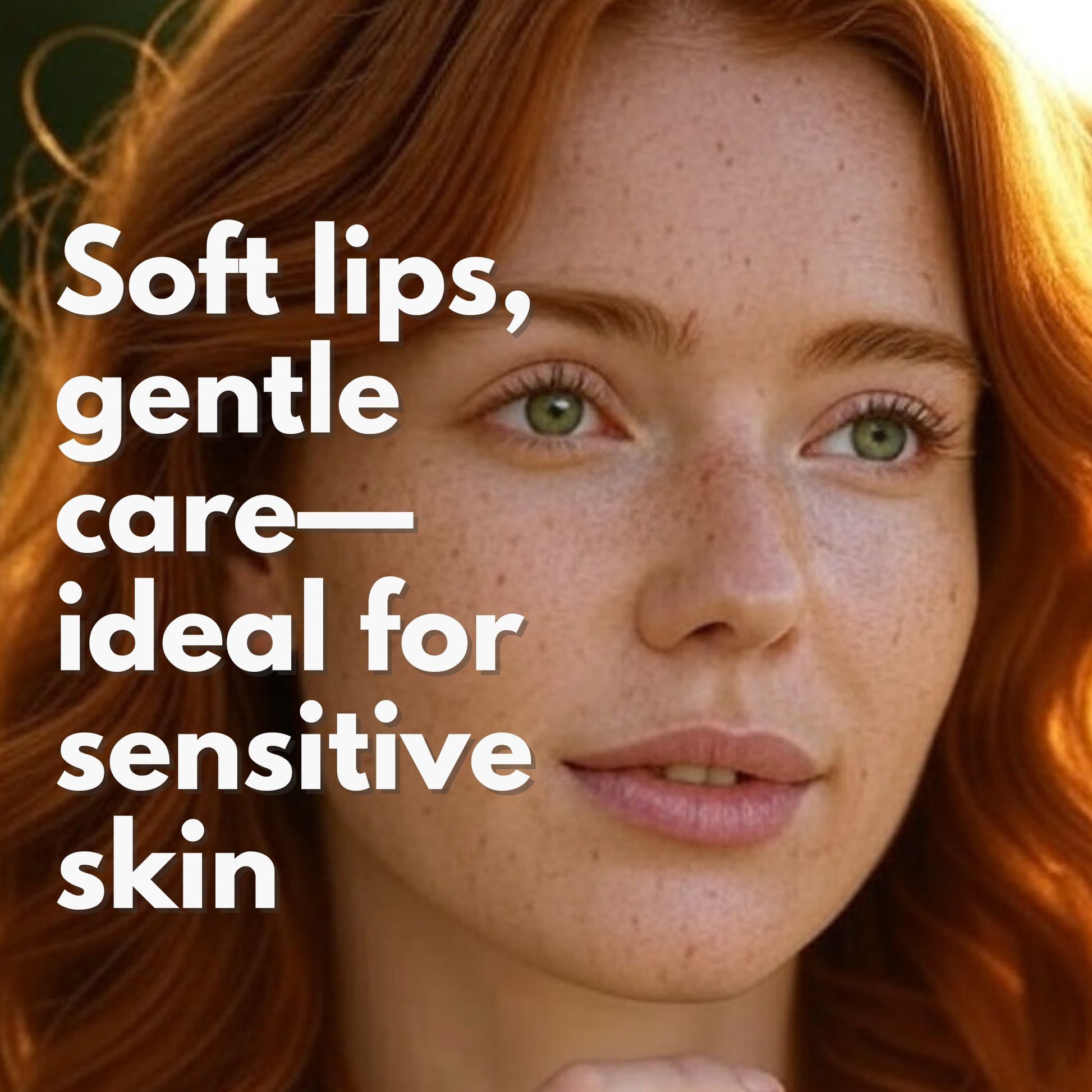 Woman with red hair and green eyes, slogan that says soft lips, gentle care, ideal for sensitive skin. 