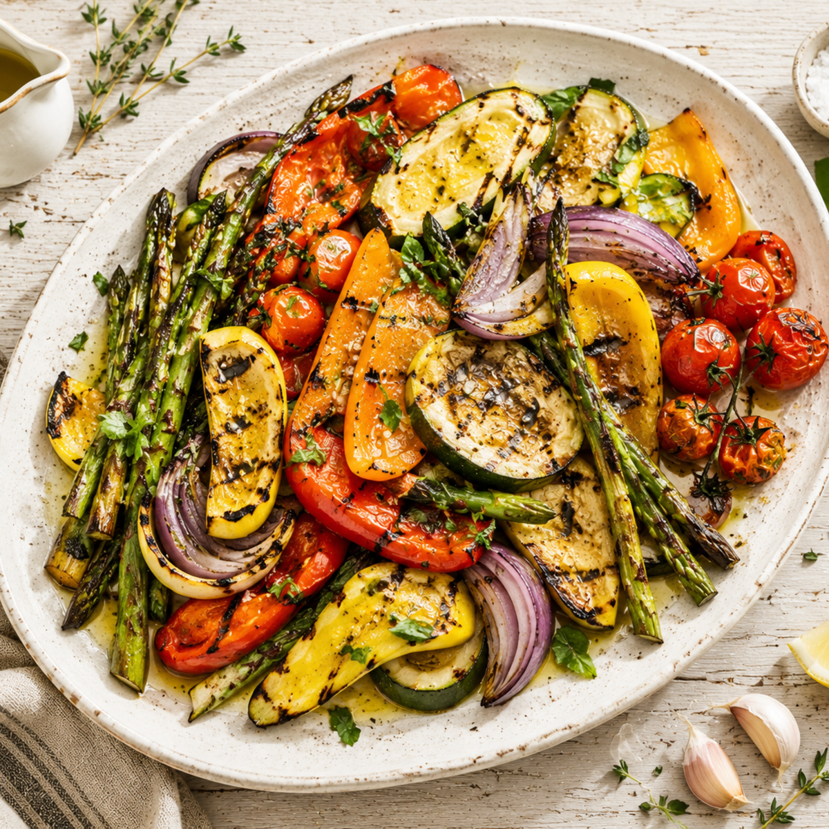 Grilled vegetables on a white ceramic plate, tossed with extra virgin olive oil