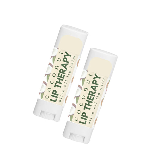 Two Coconut Lip Therapy lip balms on a white background