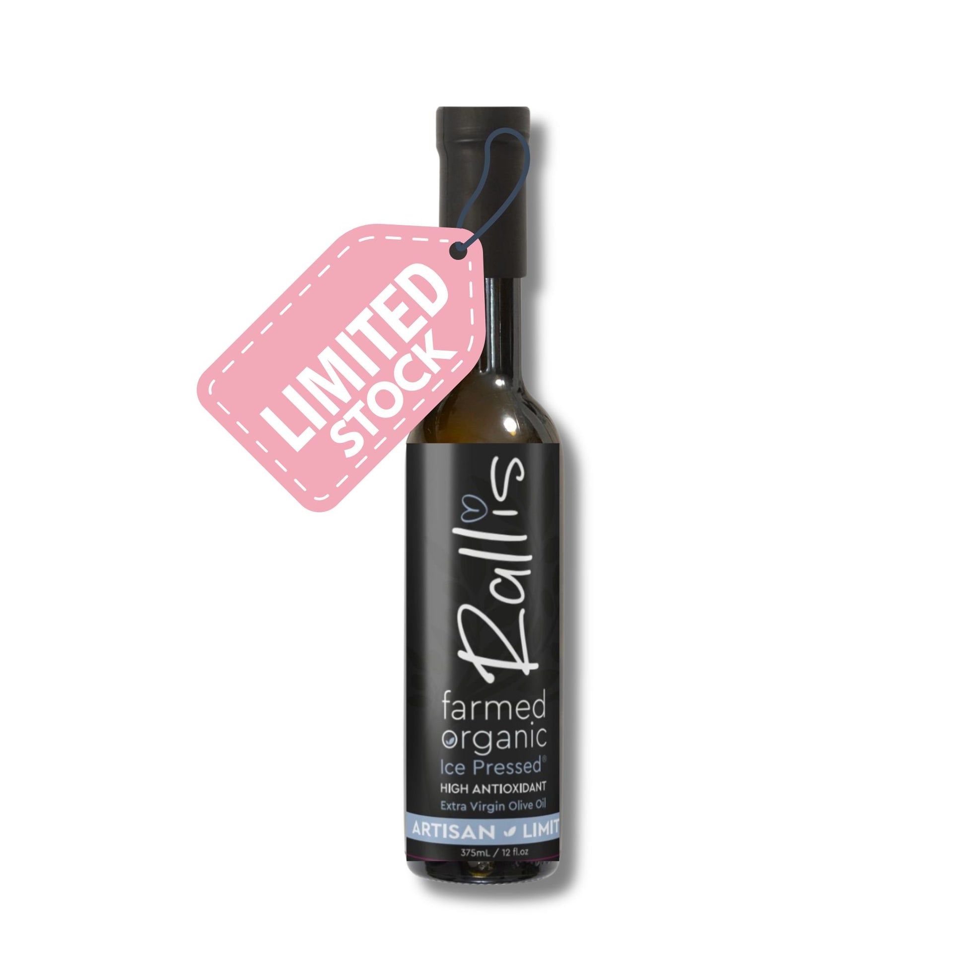 Bottle of Rallis olive oil with a 'Limited Stock' tag on a white background