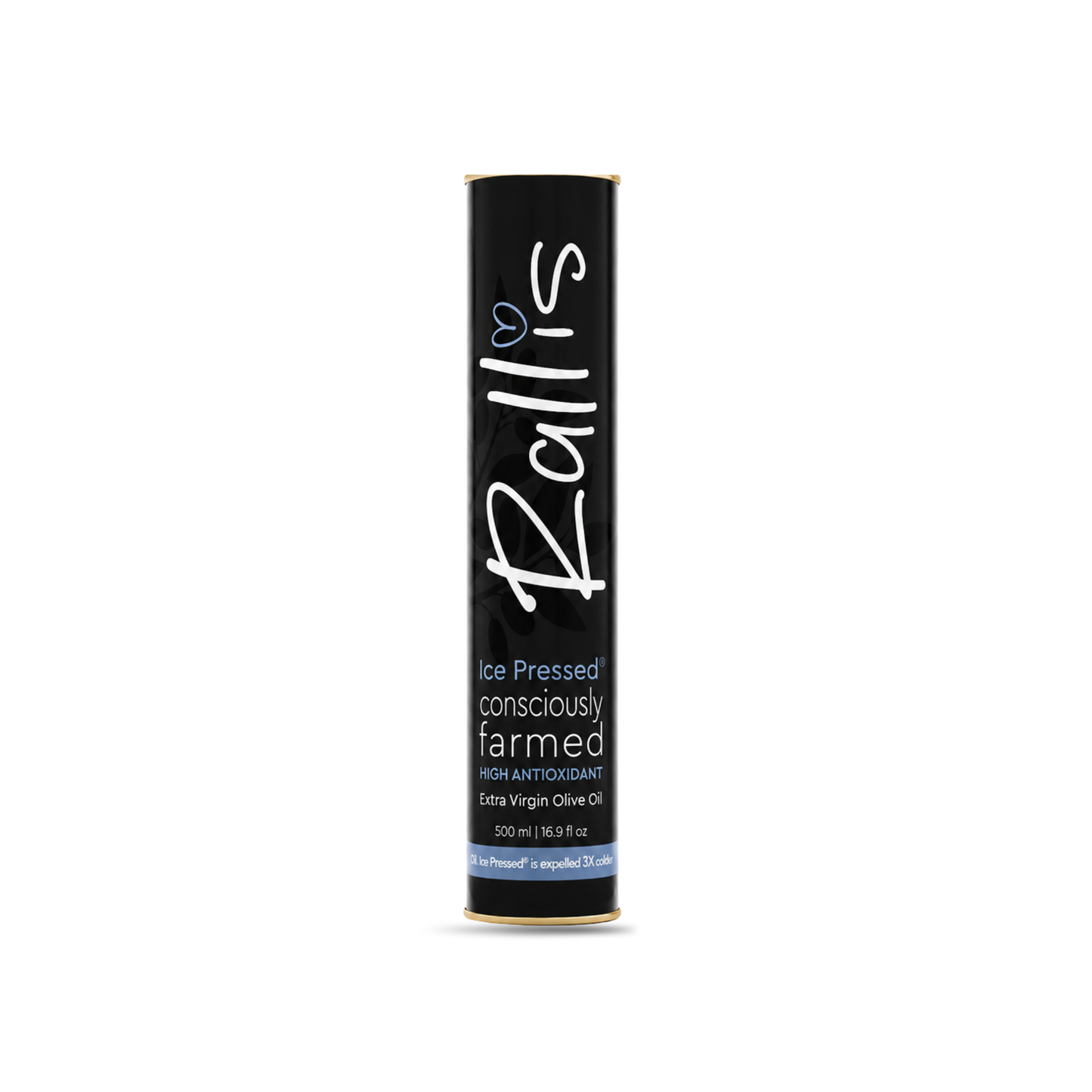 A single cylindrical black tube of Rallis consciously farmed ice pressed olive oil, centered on a plain white background.