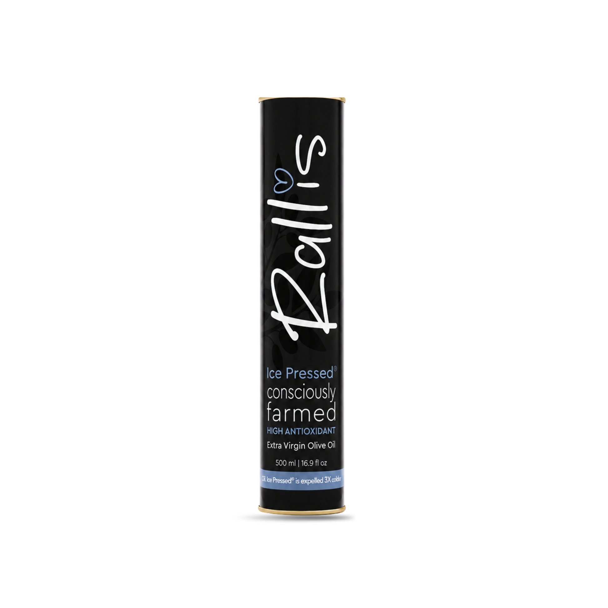 A single cylindrical black tube of Rallis consciously farmed ice pressed olive oil, centered on a plain white background.