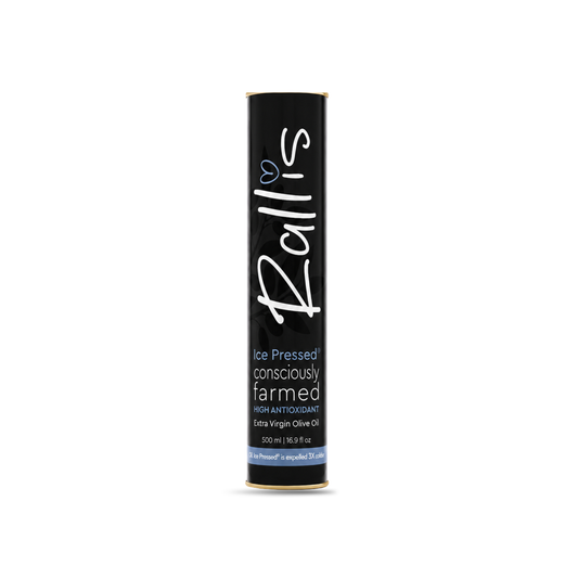 A single cylindrical black tube of Rallis consciously farmed ice pressed olive oil, centered on a plain white background.