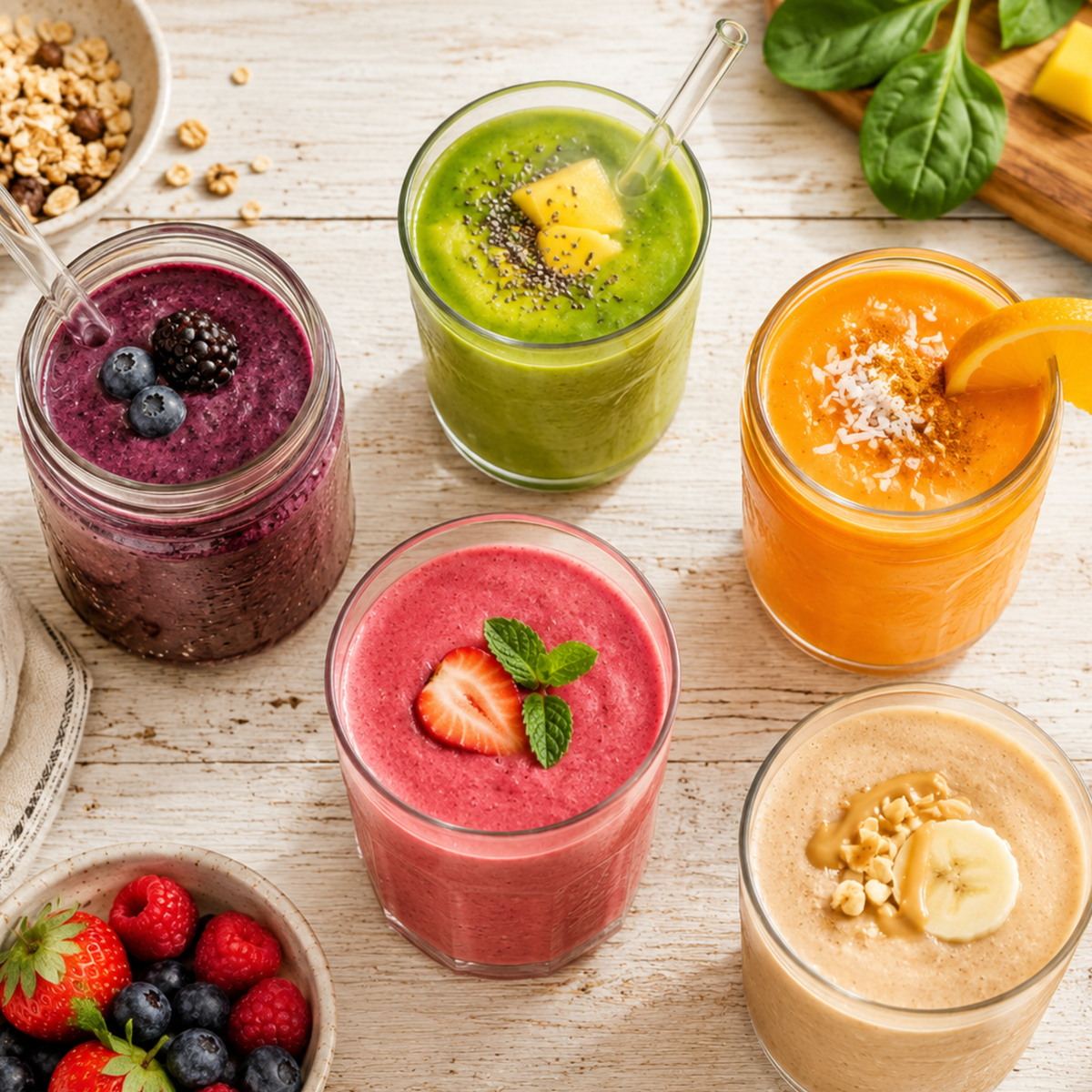 Smoothies on white farmhouse table. 