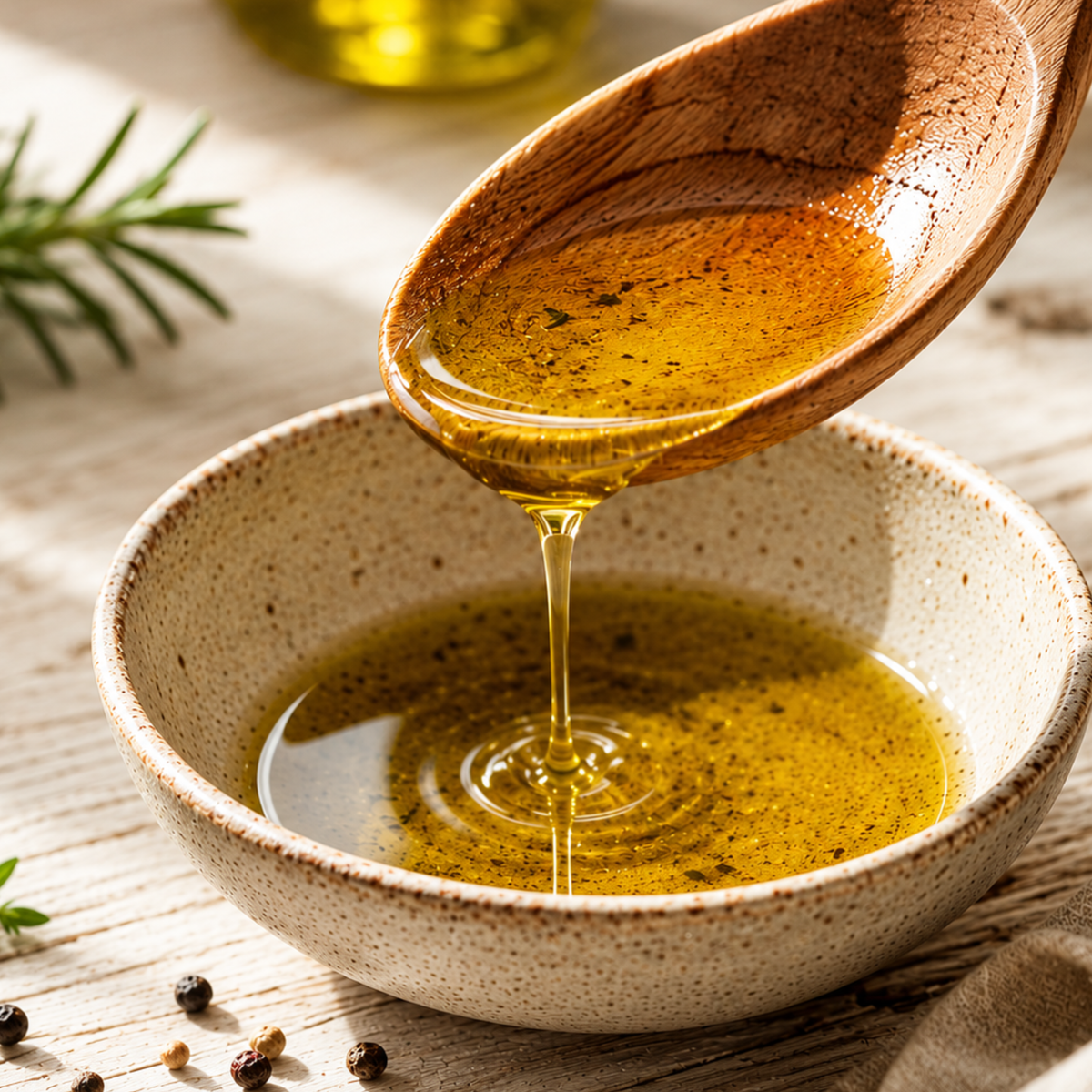 Wooden spoon filled with olive oil pouring into a ceramic bowl. 